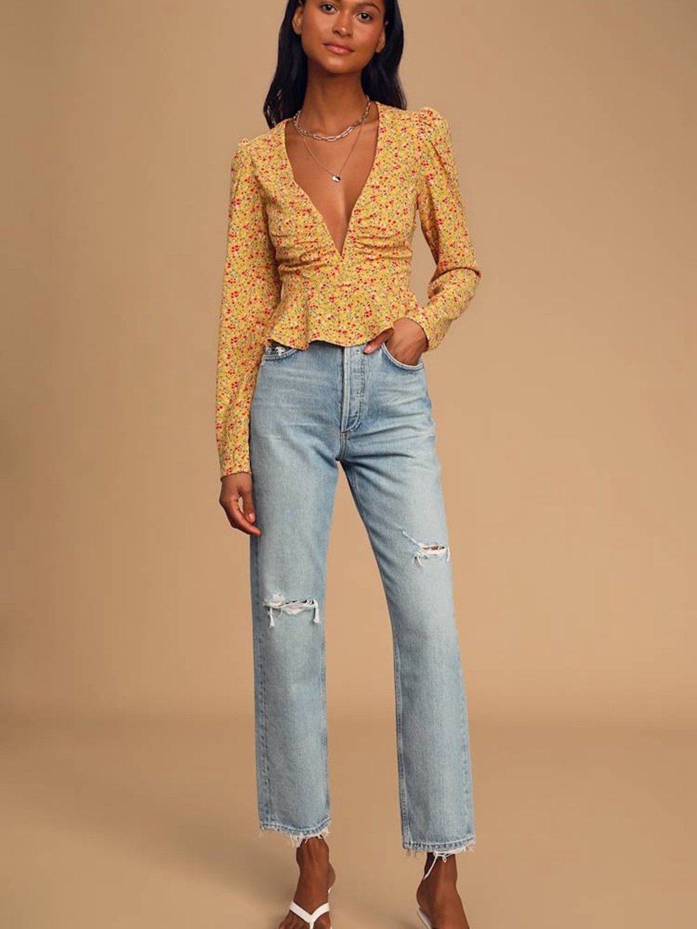 Stunning Yellow Floral Print Long Sleeve Peplum Top